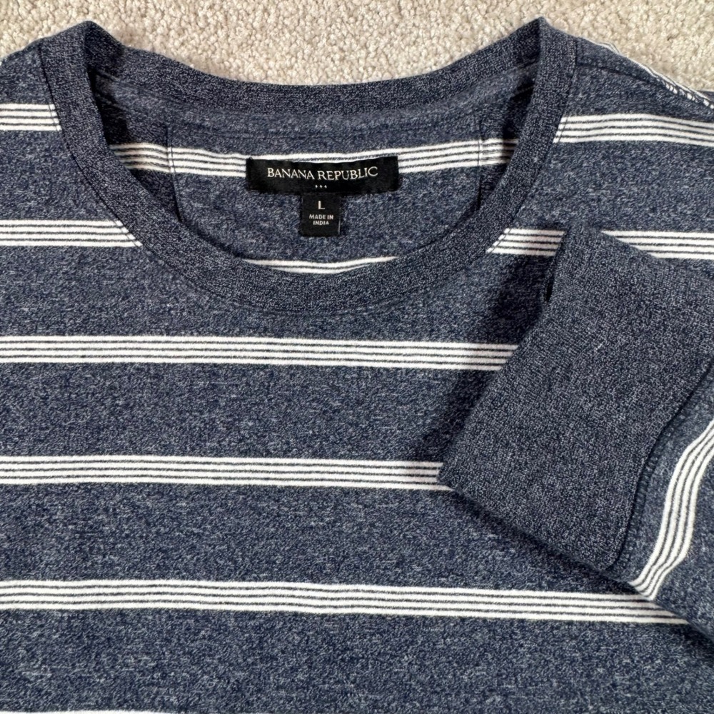 Banana Republic Mens Large‎ Blue White Striped Long Sleeve Crew Neck T-Shirt